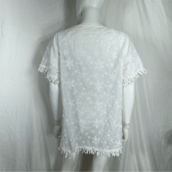 Women’s White Embroidered Floral Fringe Edge Tunic Dress - Picture 6 of 6